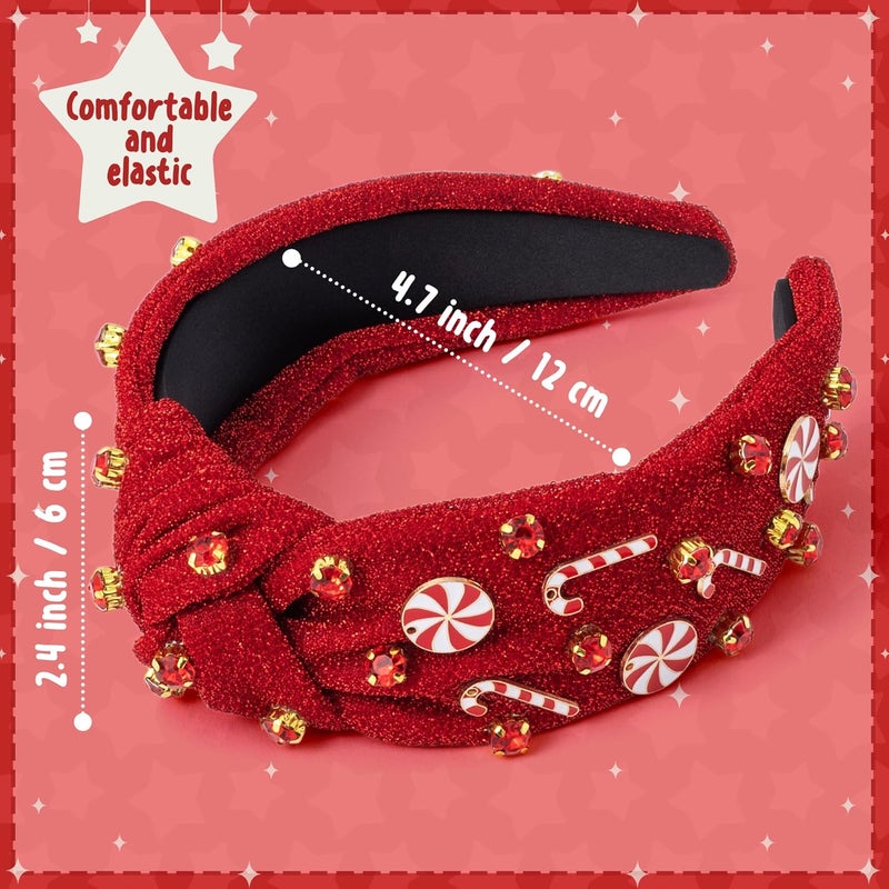 PANTIDE Christmas Jeweled Knotted Headband - Xmas Candy Cane Lollipop Rhinestone Crystal Embellished Headband Wide Top Knot Fashion Glitter Hairband Hair Accessories Birthday Gift for Women Girl (Red) - Image 2